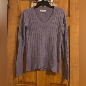 Loft Purple Lavender Wool Cotton Blend Cable Knit V-Neck Sweater Size Small
